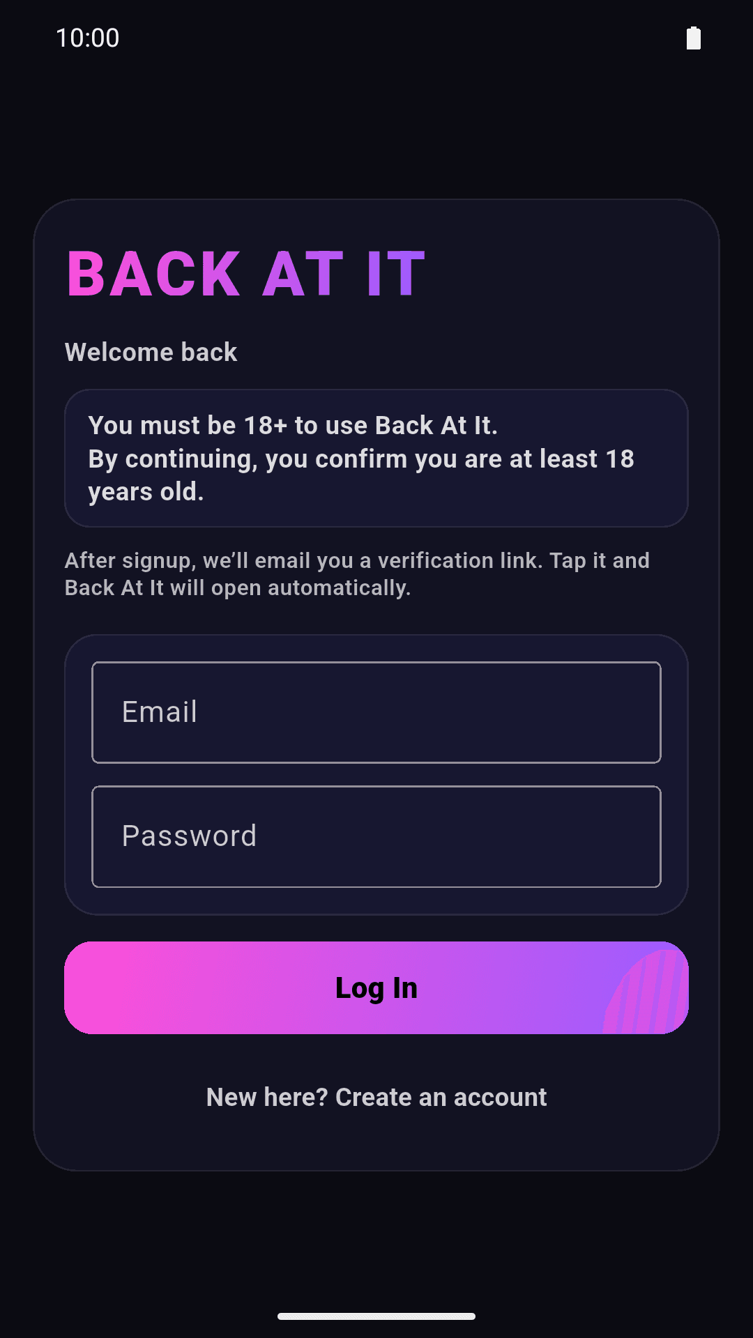 Back At It mobile authentication screen