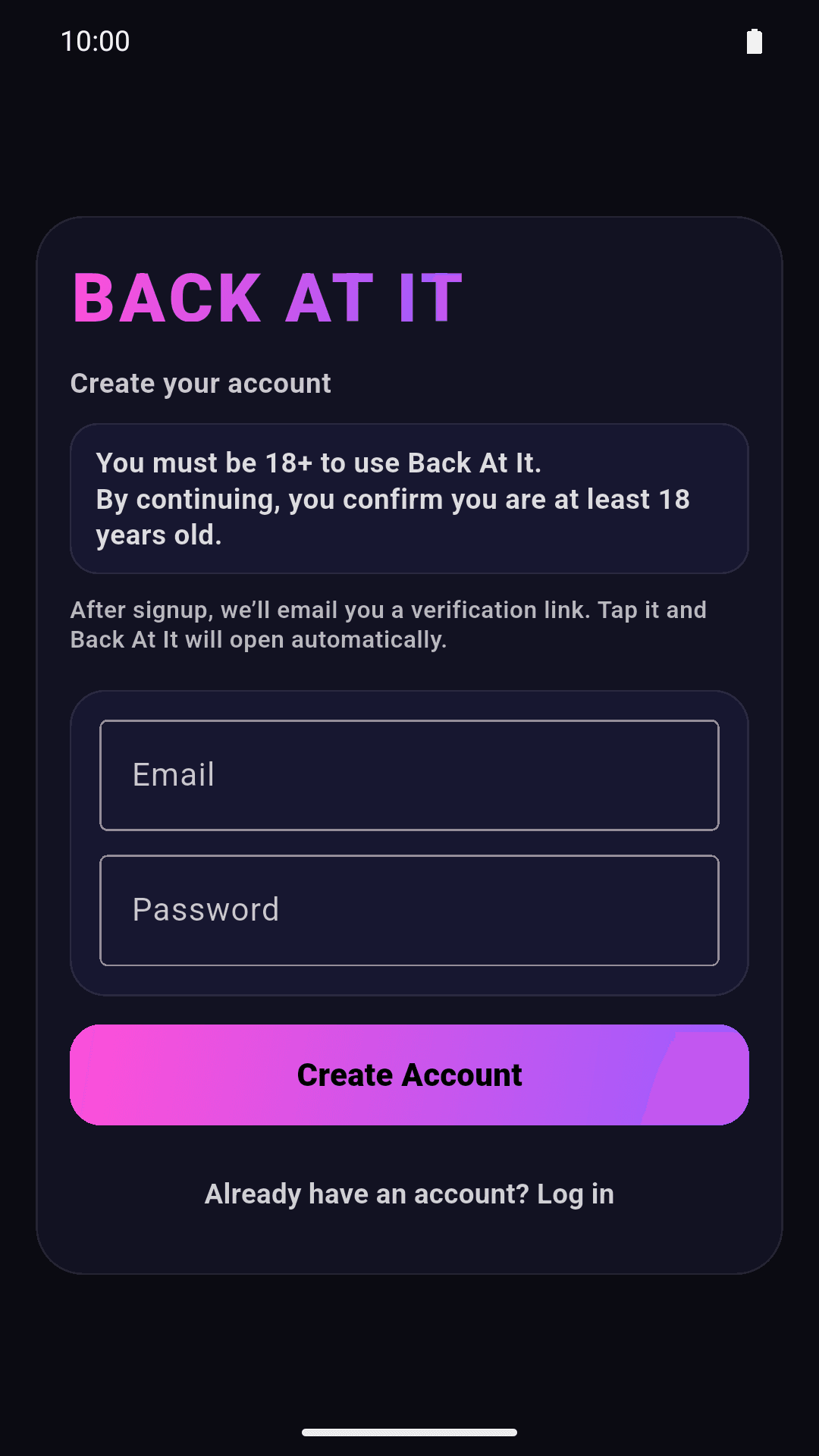 Back At It mobile account creation screen